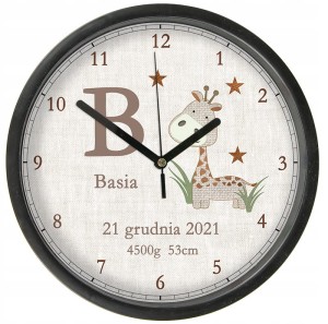 Żyrafka Zegar z szybką imię data urodzenia miara waga dedykacja Bezgłośny