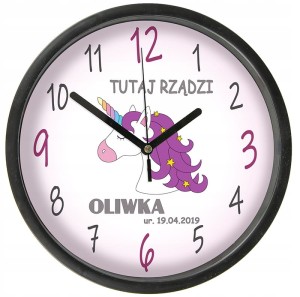 Jednorożec Zegar z szybką imię data miara waga dedykacja Bezgłośny