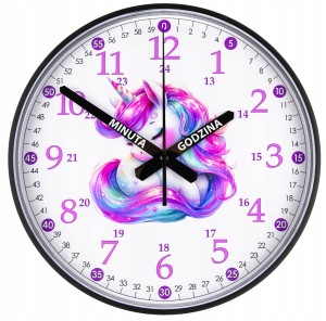 J30E Jednorożec Edukacyjny zegar ścienny dla dzieci 28cm Prezent Imię Data