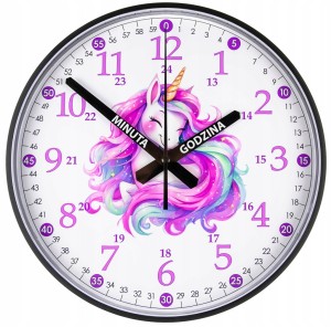 J22E Jednorożec Edukacyjny zegar ścienny dla dzieci 28cm Prezent Imię Data