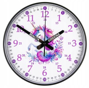 J13E Jednorożec Edukacyjny zegar ścienny dla dzieci 28cm Prezent Imię Data