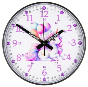 J4E Jednorożec Edukacyjny zegar ścienny dla dzieci 28cm Prezent Imię Data